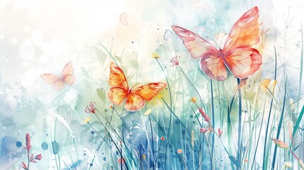 Delicate summer watercolor background with meadow grass and butterflies, abstract wallpaper
