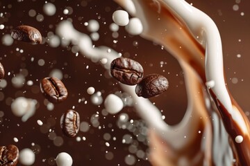 Coffee beans dropping into a transparent glass filled with white milk, creating ripples in the...