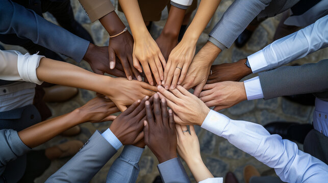 Overhead view of diverse hands coming together in a unified group, representing teamwork and unity