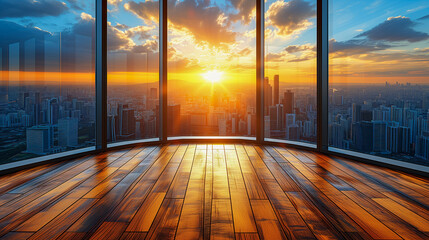 Sun setting over a city skyline seen through the large windows of an empty office space - obrazy, fototapety, plakaty