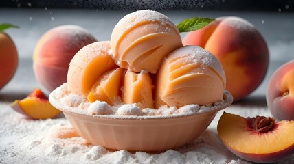 A photo of a peach sorbet scoop surrounded by fresh peach slices and a dusting of powdered sugar, with every detail in the scene captured in unprecedented detail. - obrazy, fototapety, plakaty