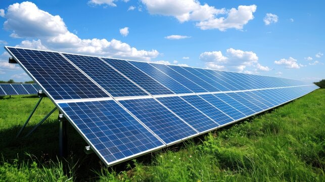 Green renewable saving energy with solar panels at the green field. AI generated image