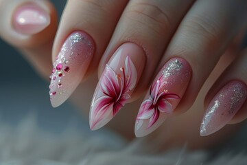 Pink elongated nail extension with fine glitter.
