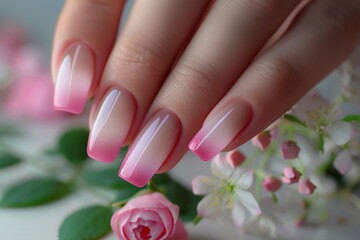 Pink elongated nail extension with fine glitter.
