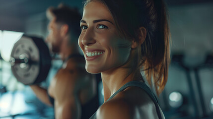 Young Woman Doing Arm Curls With Dumbbells happy cutie athletic girl and guy,  exercise with dumbbells and smile, in  sport-hall, Generative Ai