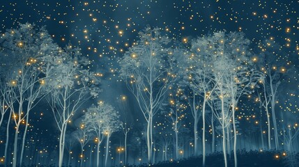 Glowing golden fireflies in mystical fantasy abstract blue night
