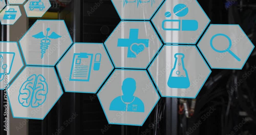 Poster animation of scientific and medical icons with data processing over computer servers