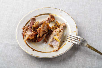 Chicken bones were left on the plate after eating