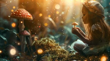 Enchanted Forest Scene with Young Girl Discovering Magical Mushrooms in Mystical Woods