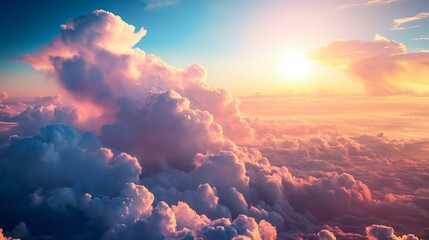 Breathtaking Aerial View of Sunset Sky with Fluffy Clouds - obrazy, fototapety, plakaty