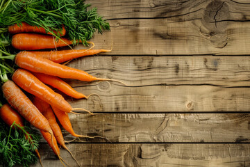 A bunch of fresh carrots on a wooden background, copy space, background