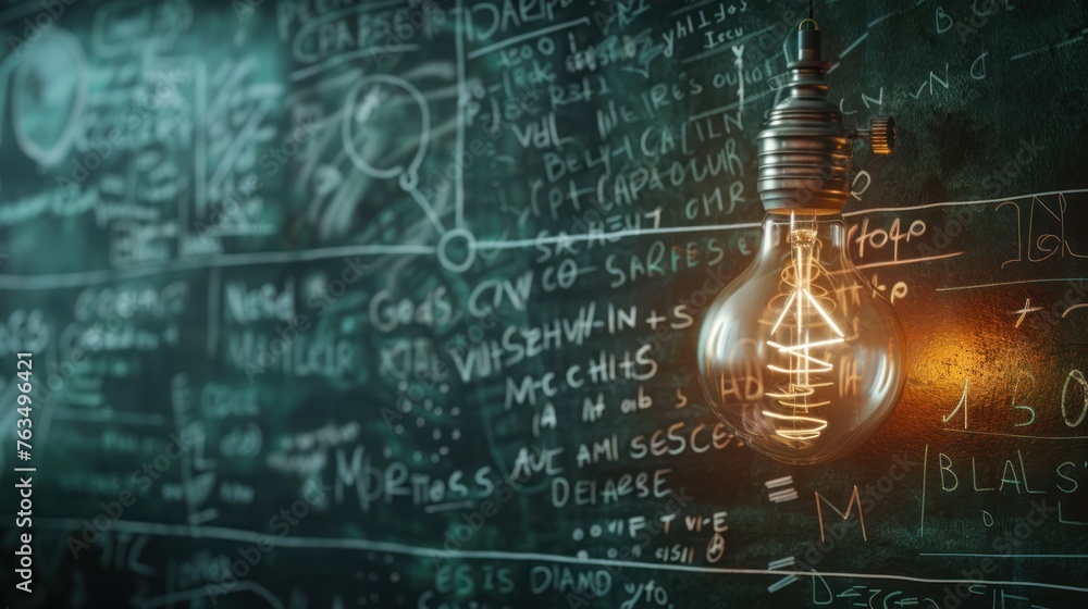 Poster glowing lamp as a symbol of scientific thought against the background of physical and mathematical f