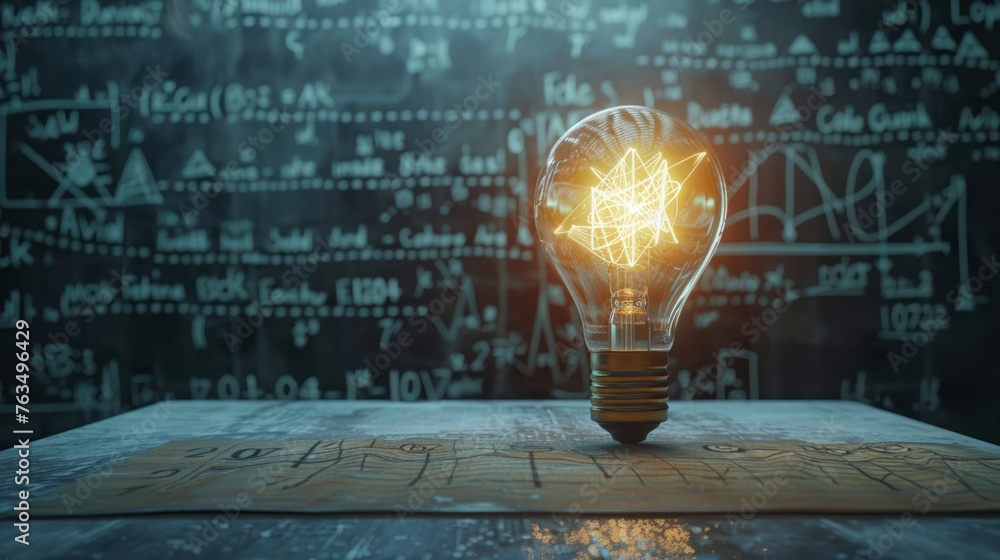 Poster glowing lamp as a symbol of scientific thought against the background of physical and mathematical f