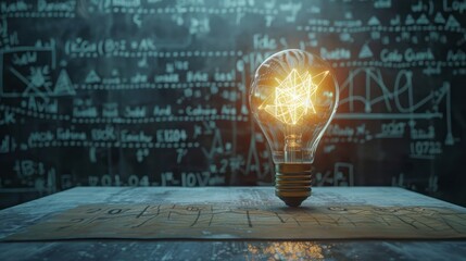 Glowing lamp as a symbol of scientific thought against the background of physical and mathematical formulas. 