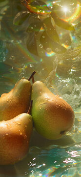 Fresh pear splashing in water with droplets flying around, vibrant colors. stock photo of water splash with pear Food Photography.