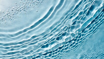 blue clear water surface texture with ripples splashes and bubbles abstract summer banner background water waves in sunlight with copy space cosmetic moisturizer micellar toner emulsion - obrazy, fototapety, plakaty