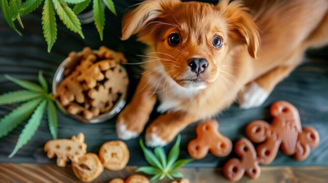 Medical treats food for dog and cat with green cannabis leaves. AI generated image
