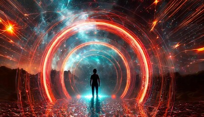 space futuristic landscape fiery meteorites sparks smoke light arches dark background with light element in the center silhouette of a man a reflection of neon lights 3d rendering