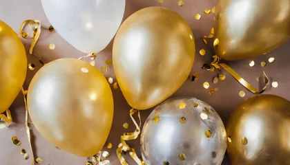 Fotobehang luxury holidays beige background with balloons golden confetti sparkles lights anniversary banner for birthday party topp view flat lay © Nathaniel