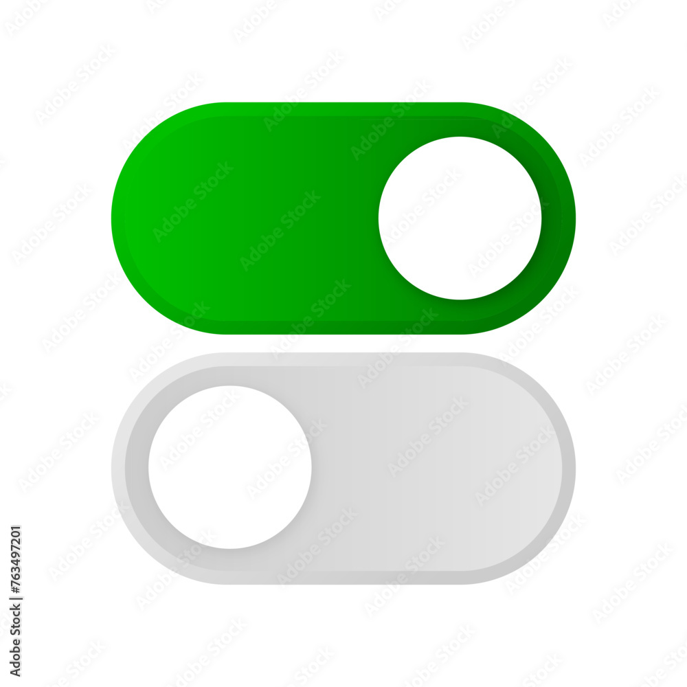 Poster on and off toggle switch buttons. modern user interface mockup. template button in green and grey co