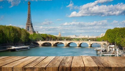 background with wooden deck table and eiffel tower in paris - obrazy, fototapety, plakaty