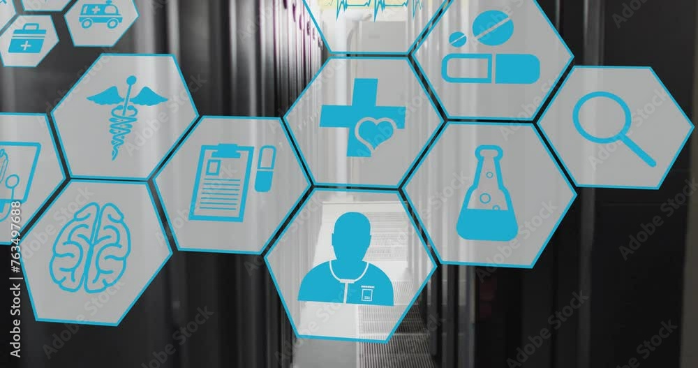 Aufkleber animation of scientific and medical icons with data processing over computer servers