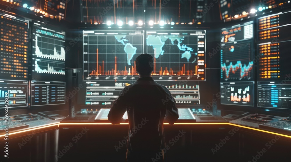 Aufkleber man surrounded by screens displaying stock market graphs