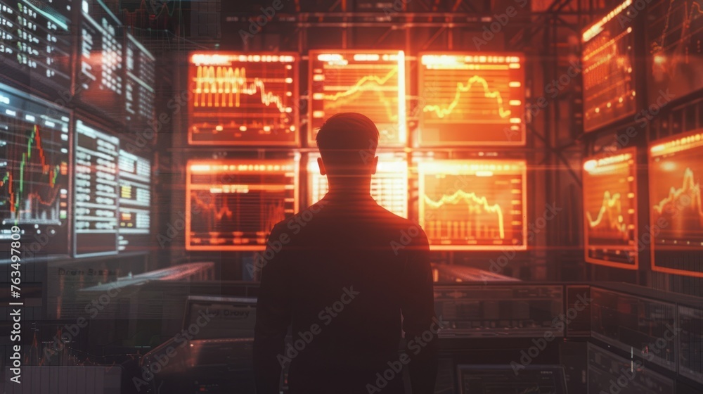 Aufkleber man surrounded by screens displaying stock market graphs