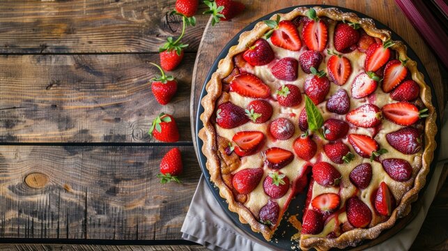 Sweet pie cake with fresh strawberries on a rustic wooden plate. AI generated image