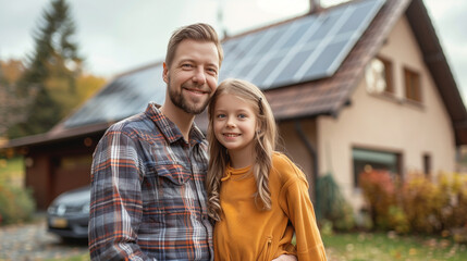 Family with little girl standing in front of their house with solar panels on the roof, having electric car.