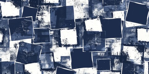 An abstract painting featuring blue and white squares and rectangles arranged in a geometric pattern