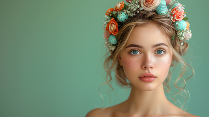 Easter Woman. Spring Girl with Fashion Hairstyle decorated with colorful easter eggs and flowers isolated on green background looking at the camera, with copy space.