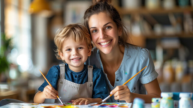 Mom and Little boy painting with colors on bright blur home background, creative children concept.