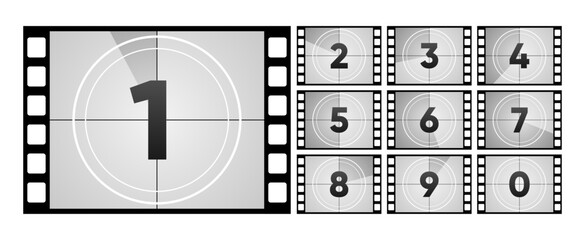 Movie Countdown Frame. Retro design. Old film movie timer count. Vintage cinema. Number count. Vector illustration.