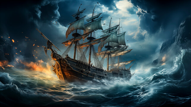 Large ship is in the middle of a stormy sea. The ship is surrounded by waves and the sky is dark and cloudy. Scene is intense and dramatic
