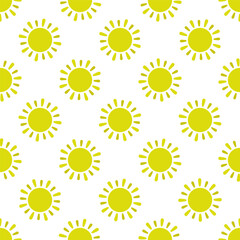 Small yellow suns isolated on a white background. Cute sunny seamless pattern. Vector simple flat graphic illustration. Texture.