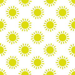 Small yellow suns isolated on a white background. Cute sunny seamless pattern. Vector simple flat graphic illustration. Texture.