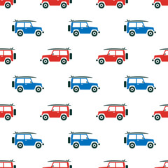 Small multi-colored SUVs with a surfboard isolated on a white background. Seamless pattern. Vector simple flat graphic illustration. Texture.