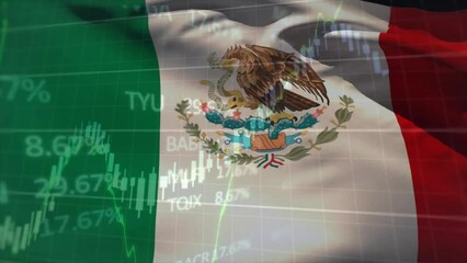 Animation of financial data processing over flag of mexico - Powered by Adobe