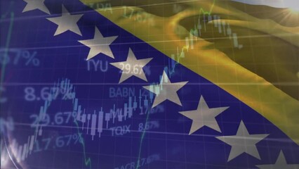 Animation of financial data processing over flag of bosnia and hercegovina - Powered by Adobe