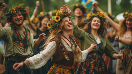 Obraz na płótnie Canvas Smiling woman with floral crown celebrating Midsummer. Maypole dance.