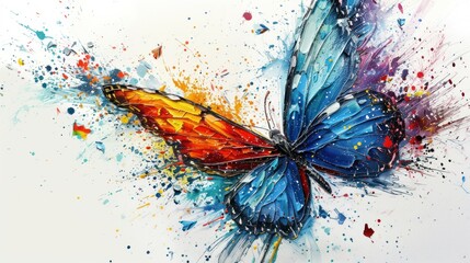 Abstract painting of a butterfly with colorful wings and splashes on canvas 
