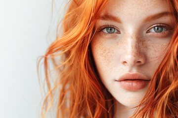 Portrait of a Redheaded Woman with Freckles. Close-up image captures the alluring beauty of a redheaded woman with striking blue eyes and delicate freckles.