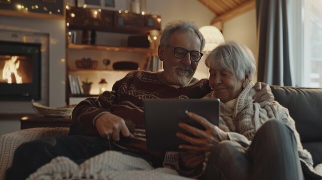 Portrait happy family of senior couple using tablet while relaxing on couch at home. AI generated