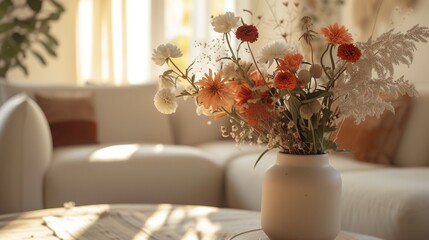Flowers in a vase stand on a table in the living room