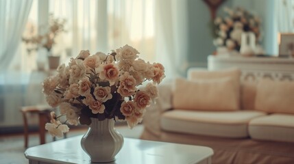 Flowers in a vase stand on a table in the living room