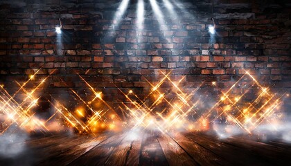 dark basement room empty old brick wall sparks of fire and light on the walls and wooden floor dark background with smoke and bright highlights neon lamps on the wall night view - obrazy, fototapety, plakaty