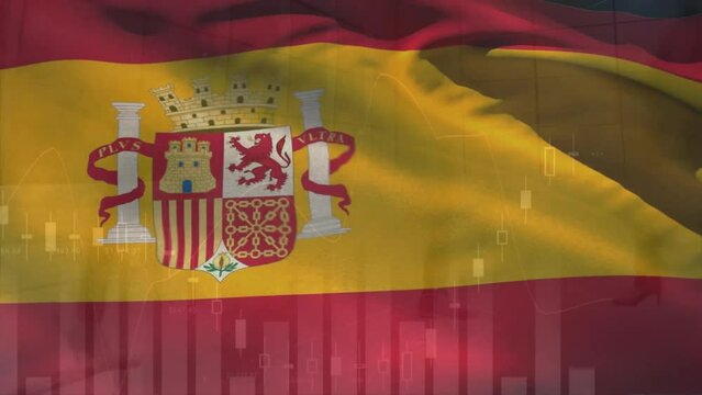 Animation of financial data processing over flag of spain