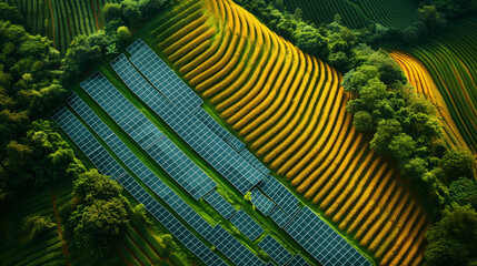 Solar panel rows aerial view. Photovoltaic panels farm from the sky, diagonal rows for renewable solar energy. Reducing carbon footprint concept, clean green energy for the future.