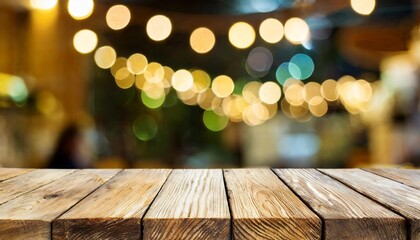 empty wooden table in front of abstract blurred christmas light background for product display in a coffee shop local market or bar - obrazy, fototapety, plakaty